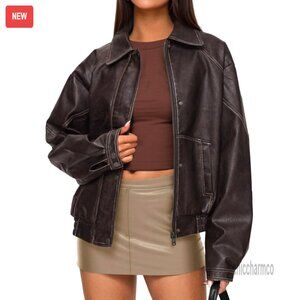 Faux Leather Bomber Jacket Oversized Moto Biker Chic Retro Streetwear